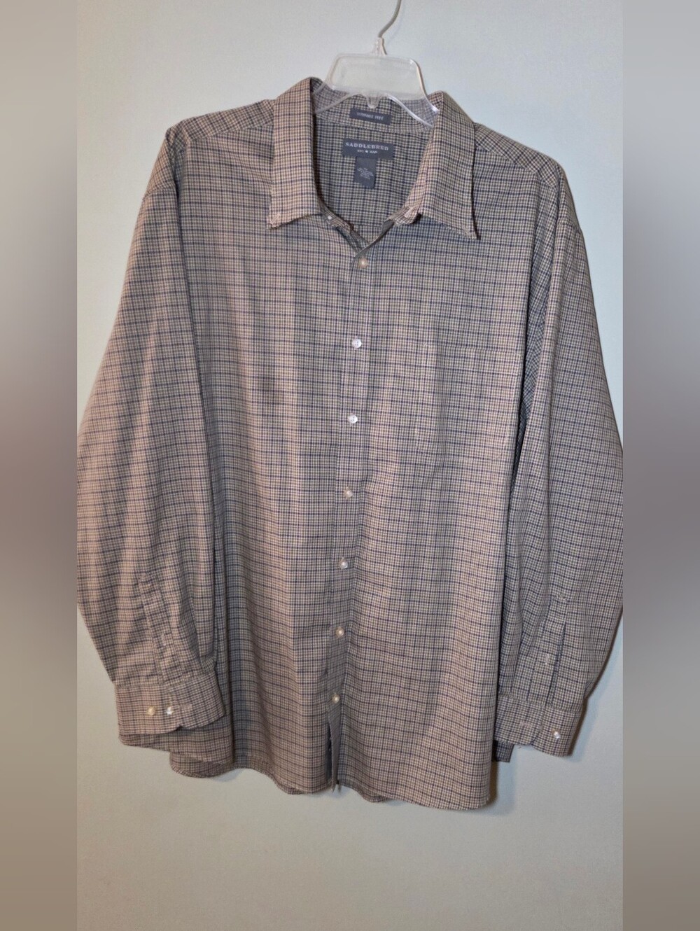 Stafford SaddleBred Mens Dress Shirt 17.5 34/35 Plaid Wrinkle Free Long Sleeve